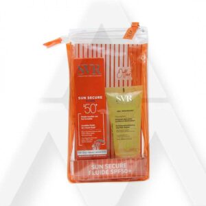 Pack SVR Sun Secure Fluide SPF50+ et SVR Sebiaclear gel moussant en coffret.