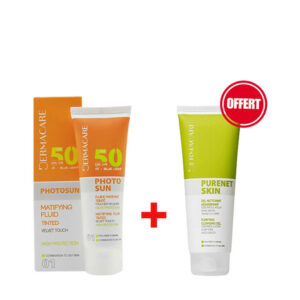 Pack Dermacare 01 - Offre spéciale : Écran solaire fluide matifiant SPF50+ + Gel nettoyant assainissant 50ml inclus.