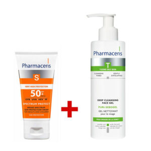 Combo essentiel pour peaux mixtes à grasses : Gel nettoyant Pharmaceris T Sebo-gel 190ml + Écran solaire Pharmaceris Spectrum 50ml