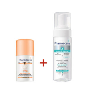 Pack duo Pharmaceris : Mousse nettoyante Puri Sensilium et Fond de teint fluide SPF50+ Sand 02.