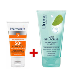 pack pour peaux mixtes à grasses : Gel nettoyant exfoliant Lirene 150 ml et écran solaire Pharmaceris Spectrum 50 ml.