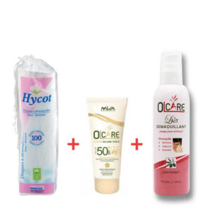 coffret de produits de soin solaire et démaquillants : Pack écran solaire Beige Claire, Démaquillant Olcare et Disques à démaquiller Hycot.