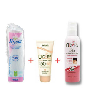 Pack d'articles de soin solaire et de démaquillage : Écran solaire Beige rosé + Démaquillant Olcare + Disques à démaquiller Hycot.