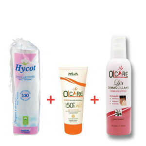 Pack de produits Olcare pour une protection solaire discrète et un démaquillage efficace : écran solaire invisible avec démaquillant et disques démaquillants Hycot.