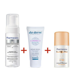 Pack Puri Albucin de Pharmaceris : Pack Fluid Fondation SPF50+ 01 Ivory, Mousse Nettoyante et Crème Da-derm Visage