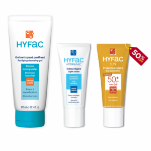 Pack HYFAC : Gel Nettoyant, Crème Légère Hydratante et Ecran de Protection Solaire Teintée SPF 50+