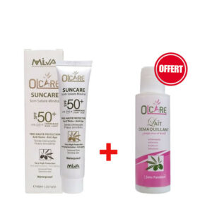 Offre spéciale : écran solaire minéral SPF50+ Olcare et recevez gratuitement un lait démaquillant 100ml.