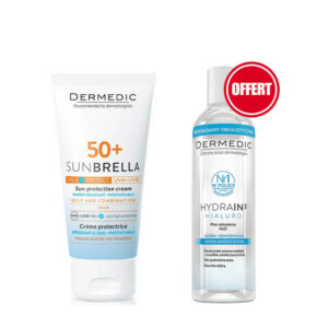 Pack protection solaire Dermedic Sunbrella SPF 50 adapté aux peaux mixtes à grasses, incluant une Eau micellaire offerte.