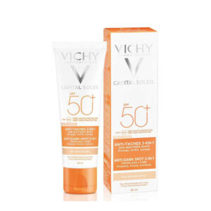 Vichy Capital Soleil -soin 3-en-1 teinté , SPF50+ - 50ml, pour lutter contre les tâches.